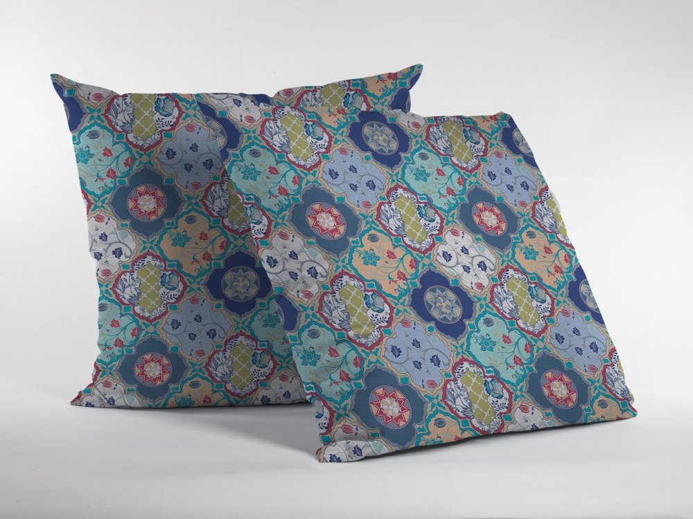 16" X 16" Blue Geometric Indoor Outdoor Throw Pillow