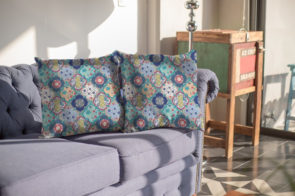 16" X 16" Blue Geometric Indoor Outdoor Throw Pillow