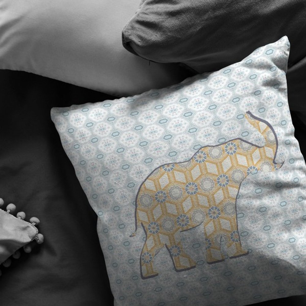 16" X 16" Blue and Yellow Elephant Geometric Indoor Outdoor Throw Pillow