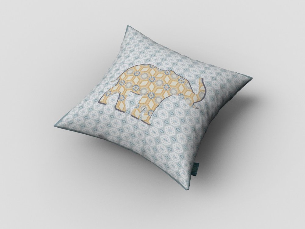 16" X 16" Blue and Yellow Elephant Geometric Indoor Outdoor Throw Pillow