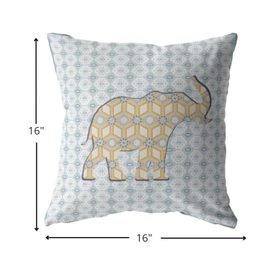16" X 16" Blue and Yellow Elephant Geometric Indoor Outdoor Throw Pillow