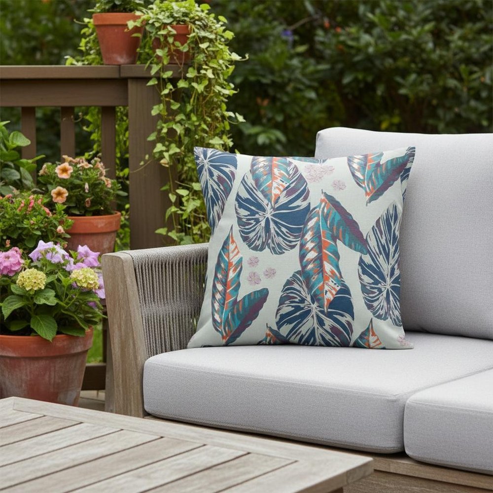 16” Blue Gray Tropical Leaf Indoor Outdoor Throw Pillow