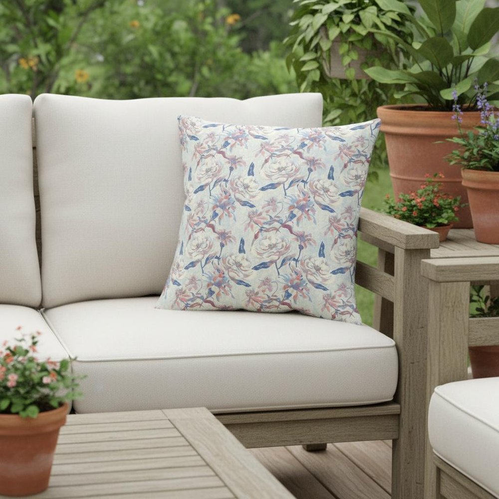 16” White Blue Roses Indoor Outdoor Throw Pillow