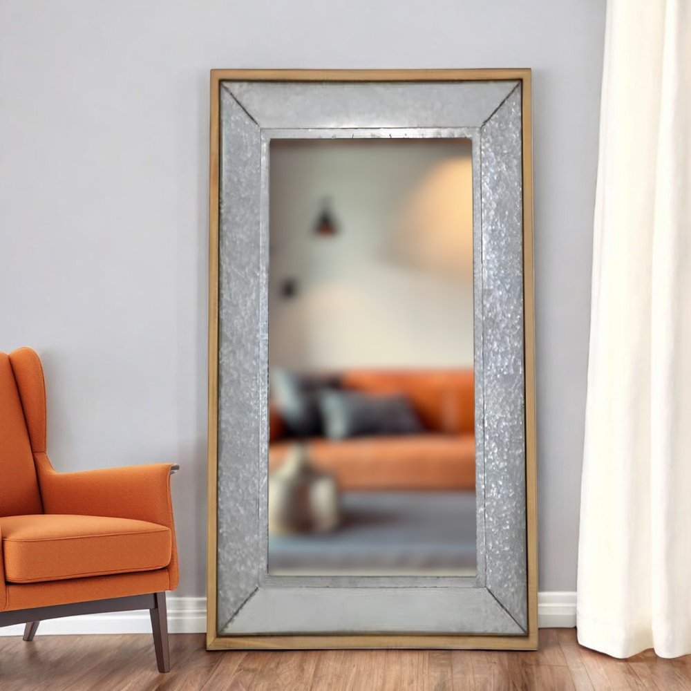 84" Gray And Brown Galvanized Metal and Wood Framed Leaning Accent Mirror
