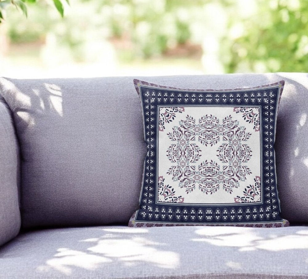 20" X 20" Cream And Blue Blown Seam Geometric Indoor Outdoor Throw Pillow