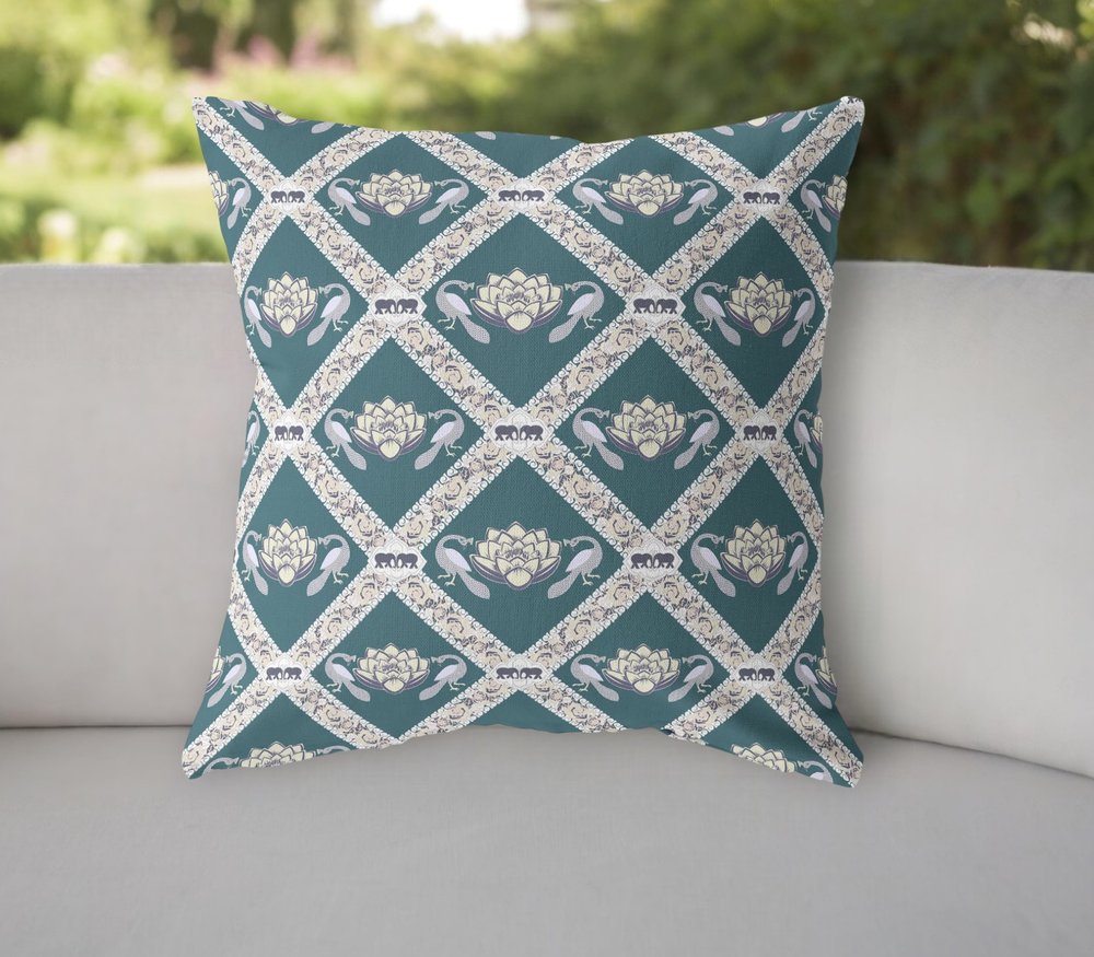 16" X 16" Blue and Gray Geometric Indoor Outdoor Throw Pillow