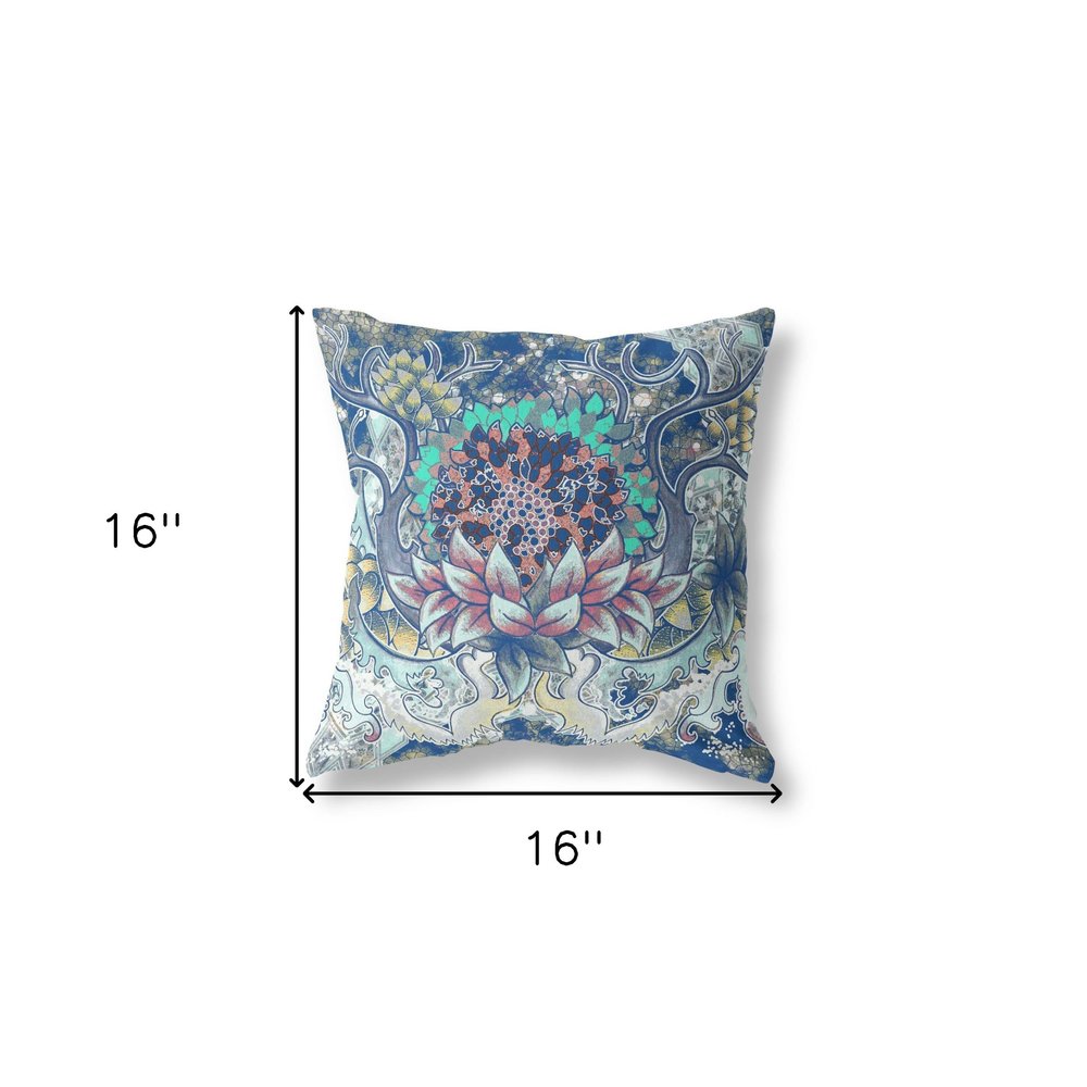 16" X 16" Blue and Yellow Geometric Indoor Outdoor Throw Pillow