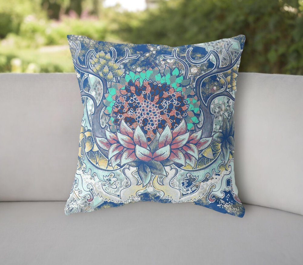 16" X 16" Blue and Yellow Geometric Indoor Outdoor Throw Pillow