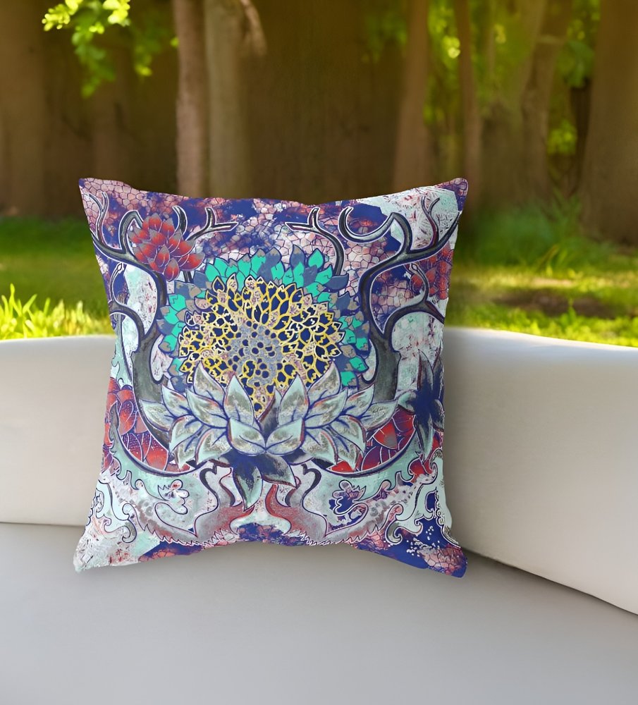 16" X 16" Blue and Green Geometric Indoor Outdoor Throw Pillow