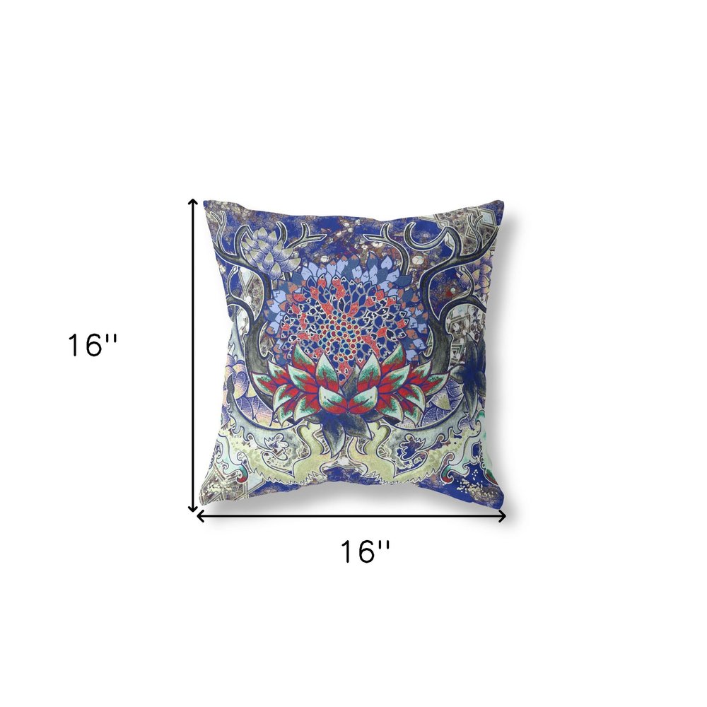 16" X 16" Blue Geometric Indoor Outdoor Throw Pillow
