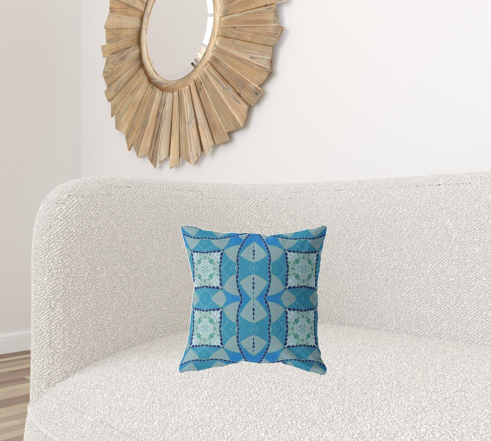 16" X 16" Blue Geometric Indoor Outdoor Throw Pillow