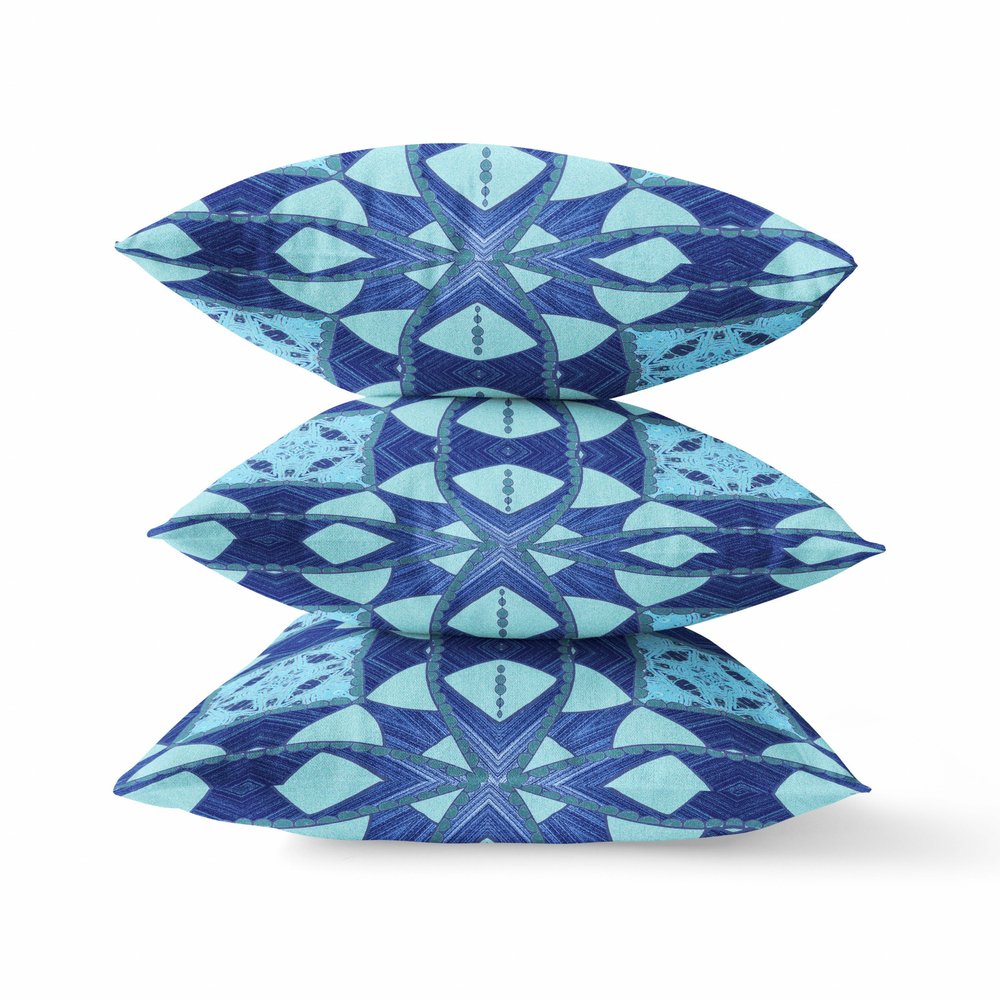 16" X 16" Blue Geometric Indoor Outdoor Throw Pillow