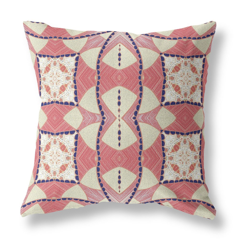 16" X 16" Red and White Geometric Indoor Outdoor Throw Pillow