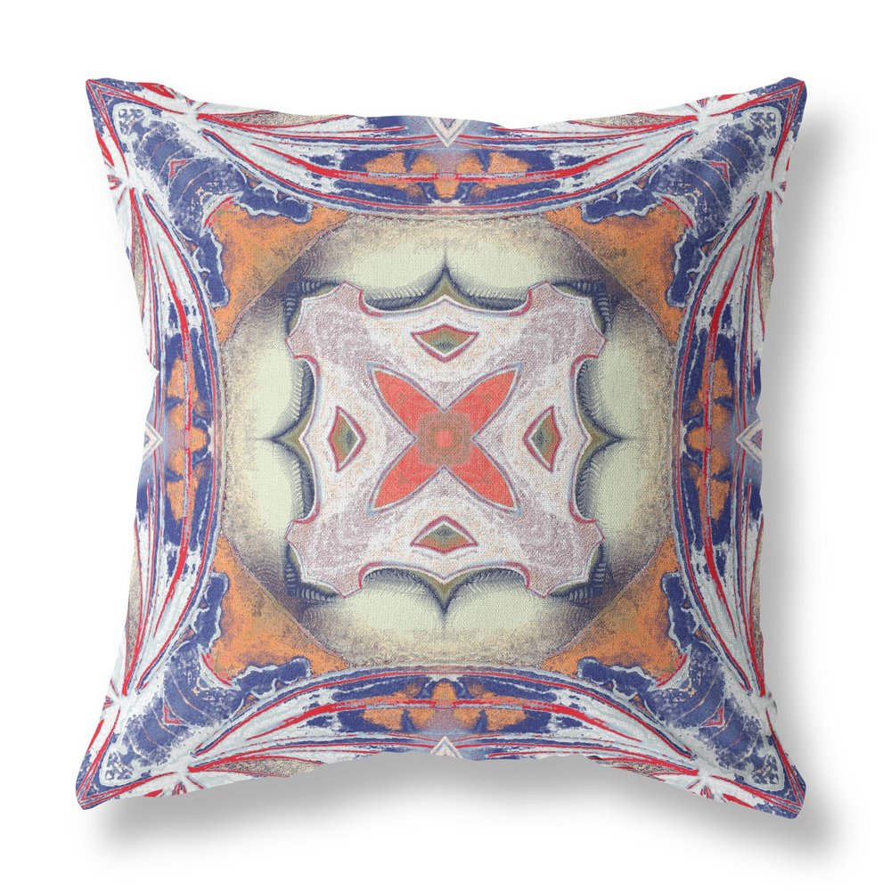 16" X 16" Blue and White Geometric Indoor Outdoor Throw Pillow