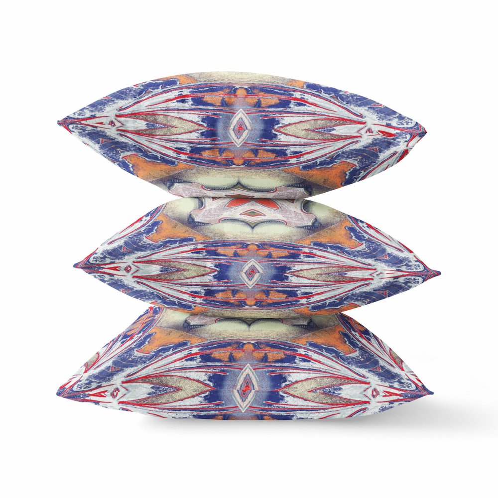 16" X 16" Blue and White Geometric Indoor Outdoor Throw Pillow