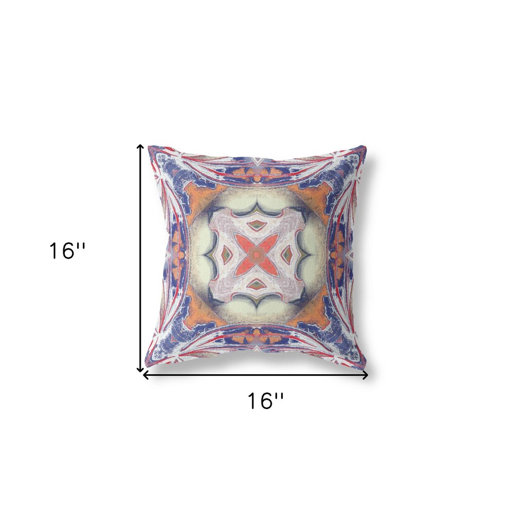 16" X 16" Blue and White Geometric Indoor Outdoor Throw Pillow
