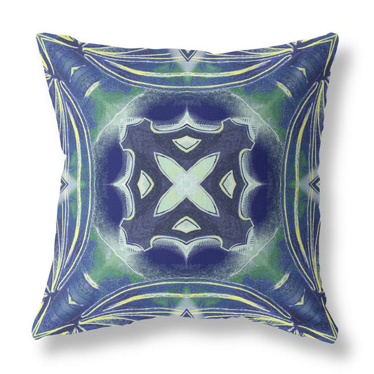 16" X 16" Blue and Green Geometric Indoor Outdoor Throw Pillow
