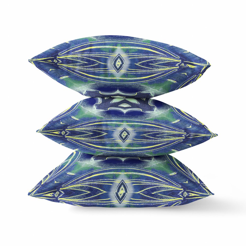 16" X 16" Blue and Green Geometric Indoor Outdoor Throw Pillow