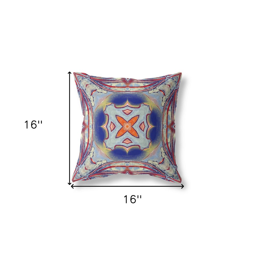16" X 16" Blue and Gray Geometric Indoor Outdoor Throw Pillow