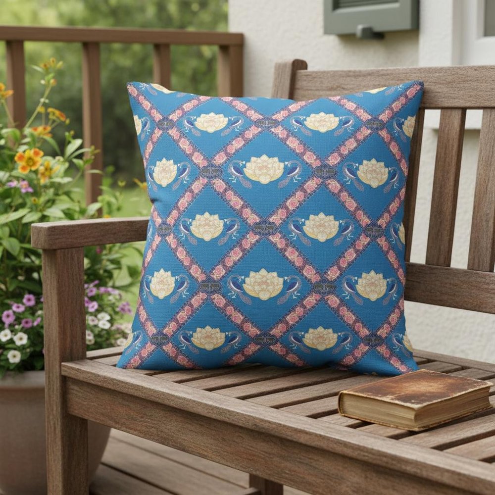 16" X 16" Blue And Pink Blown Seam Geometric Indoor Outdoor Throw Pillow