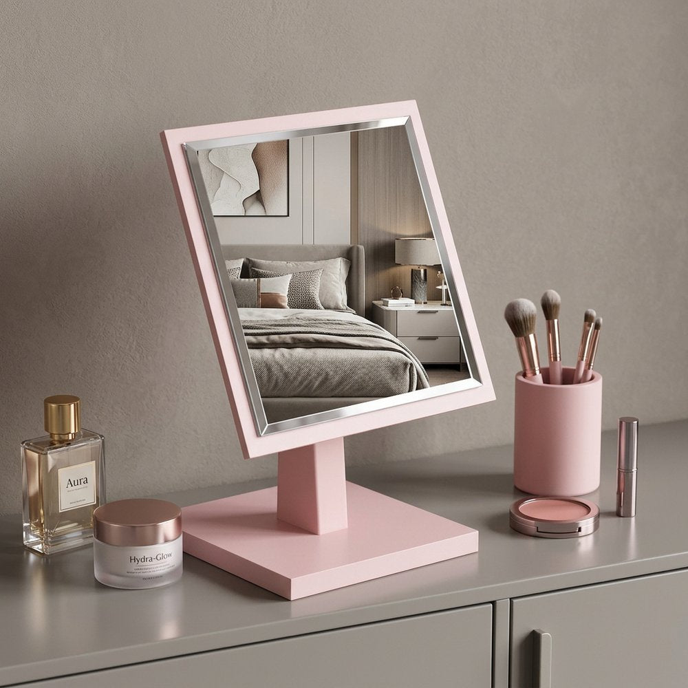 9" Pink Wood Square Freestanding Framed Makeup Shaving Tabletop Mirror