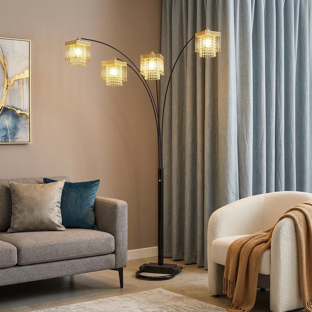 84" Black Four Light Arc Floor Lamp With Clear Crystal Glass Chandelier Shade