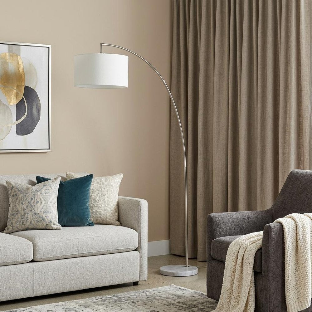 86" White And Silver Arc Floor Lamp With White Drum Shade