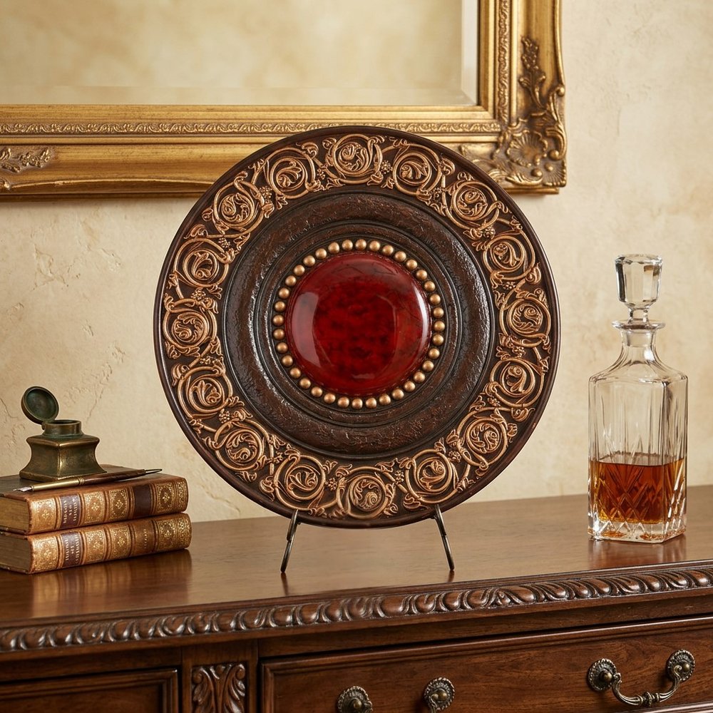 21" Red And Brown Round Polyresin Decorative Plaque