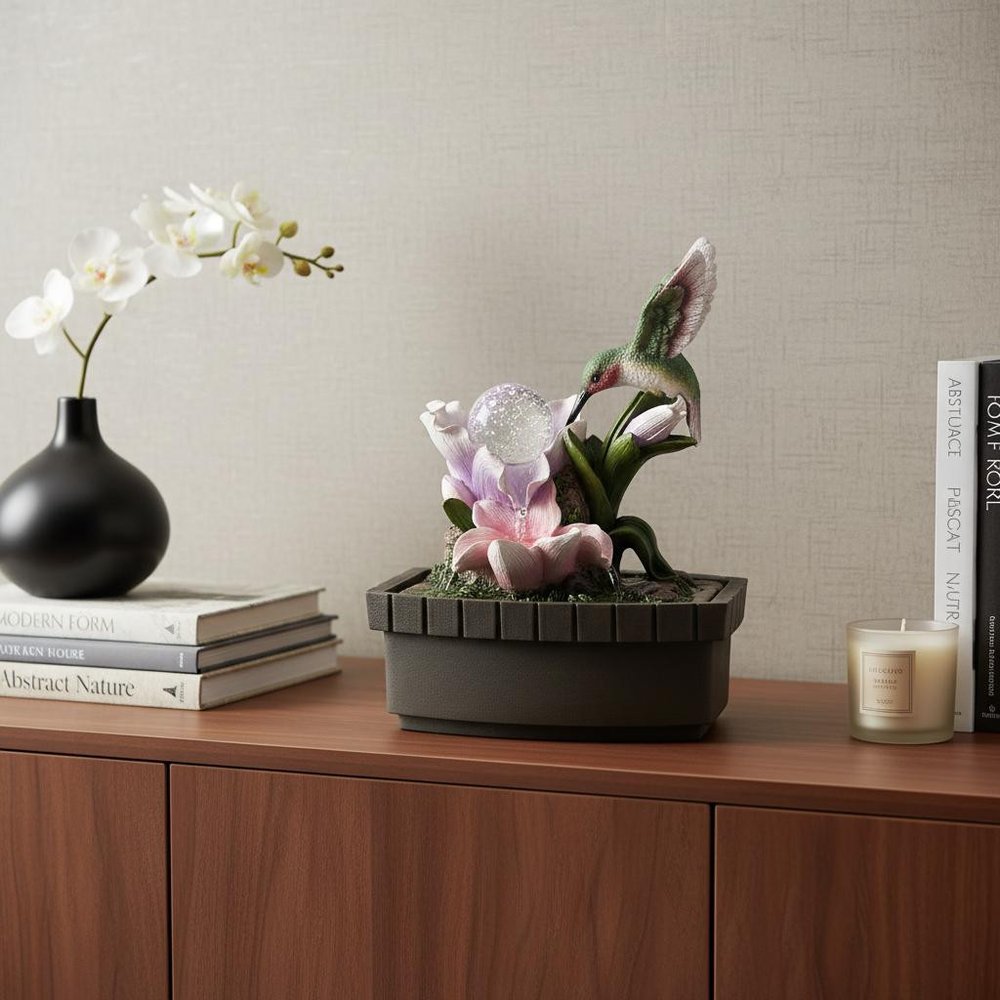 11" Pink Green And Brown Polyresin Hummingbird Tabletop Fountain