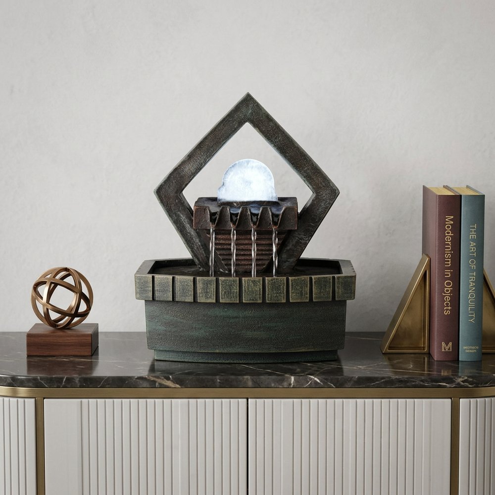 10" Brown Polyresin Geo and Pebbles Tabletop Fountain with LED Light