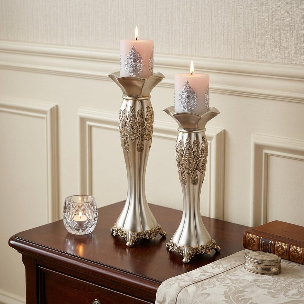 Set of Two Silver Metallic Polyresin Ornate Tabletop Pillar Candle Holders With Candle