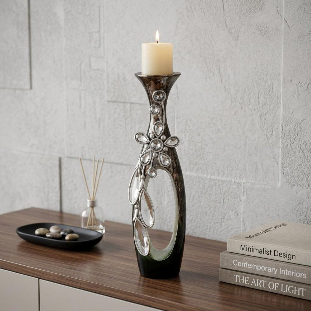 16" Ornate Faux Crystal Tabletop Pillar Candle Holder