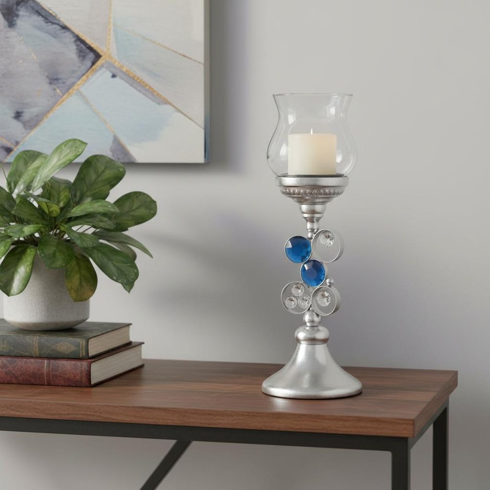18" Blue Clear And Silver Polyresin Tabletop Hurricane Candle Holder