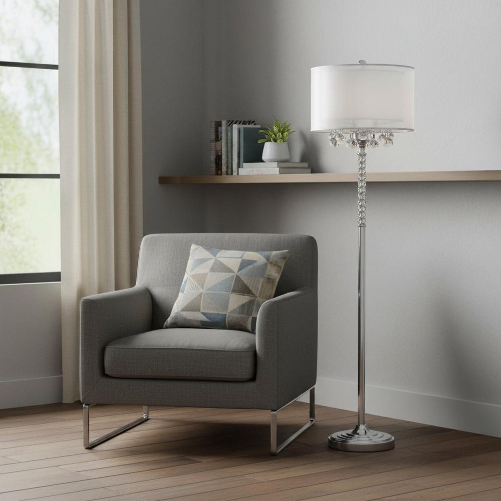 63" Silver Three Light Candelabra Floor Lamp With White Fabric Drum Shade