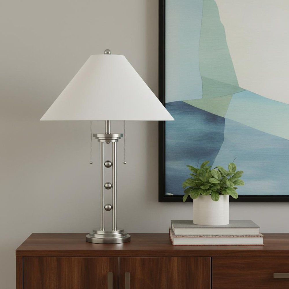 27" Silver Metal Two Light Table Lamp With White Classic Empire Shade