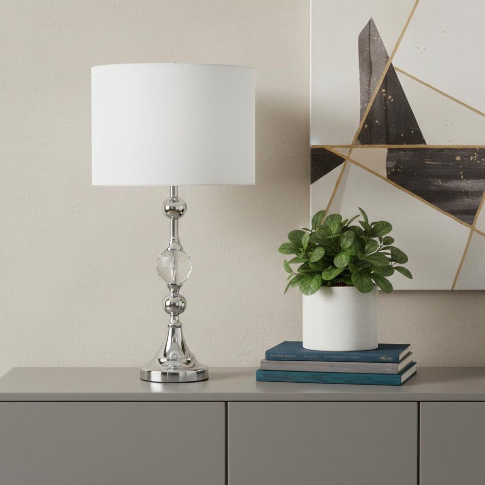 30" Silver Metal Bedside Table Lamp With White Classic Drum Shade