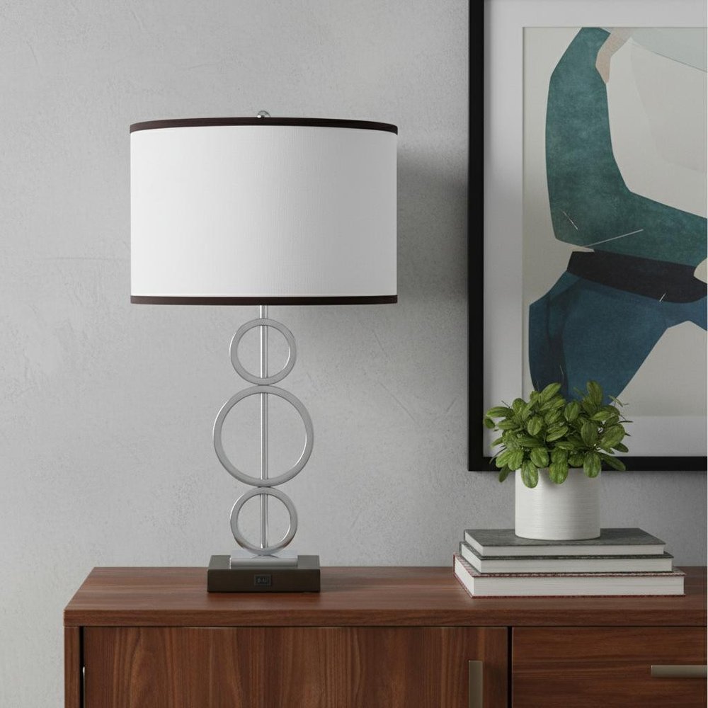 29" Silver Metal Bedside Geo Table Lamp With White and Black Trim Classic Drum Shade