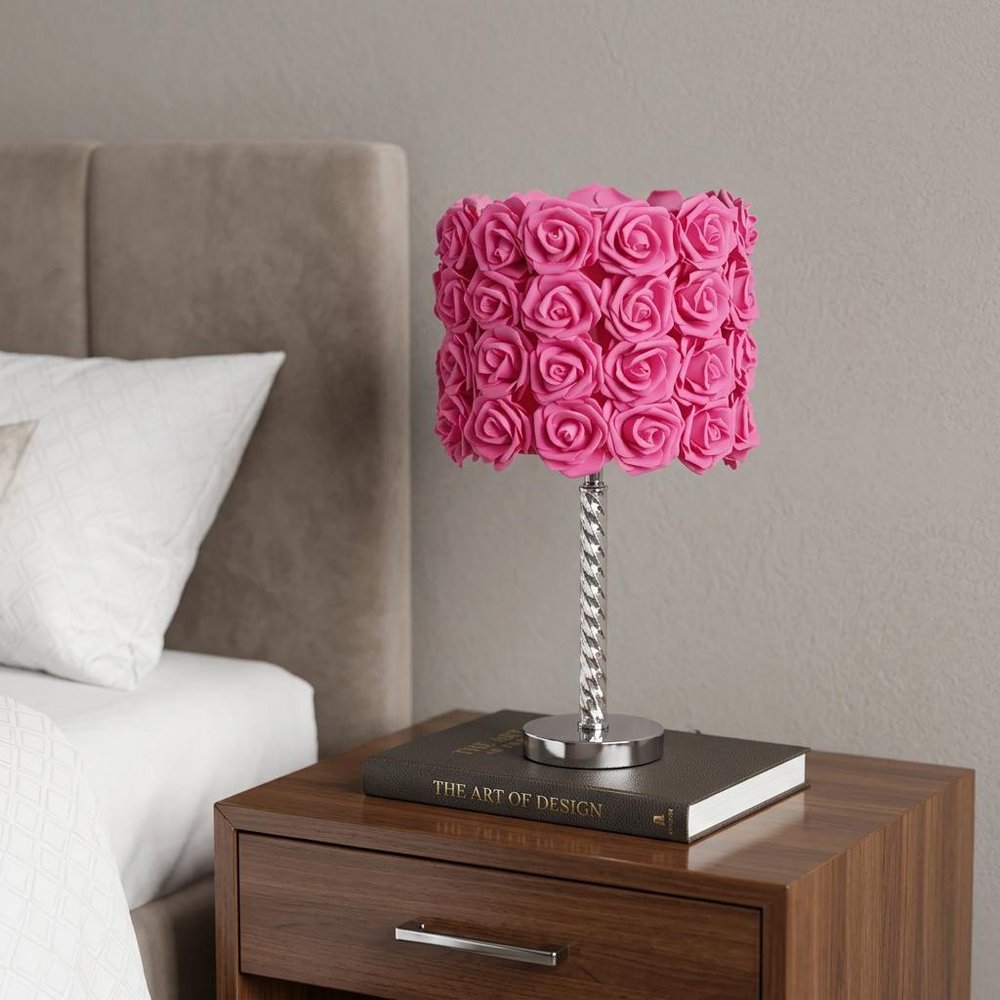 18" Silver Bedside Led Table Lamp With Red Flowers Drum Shade