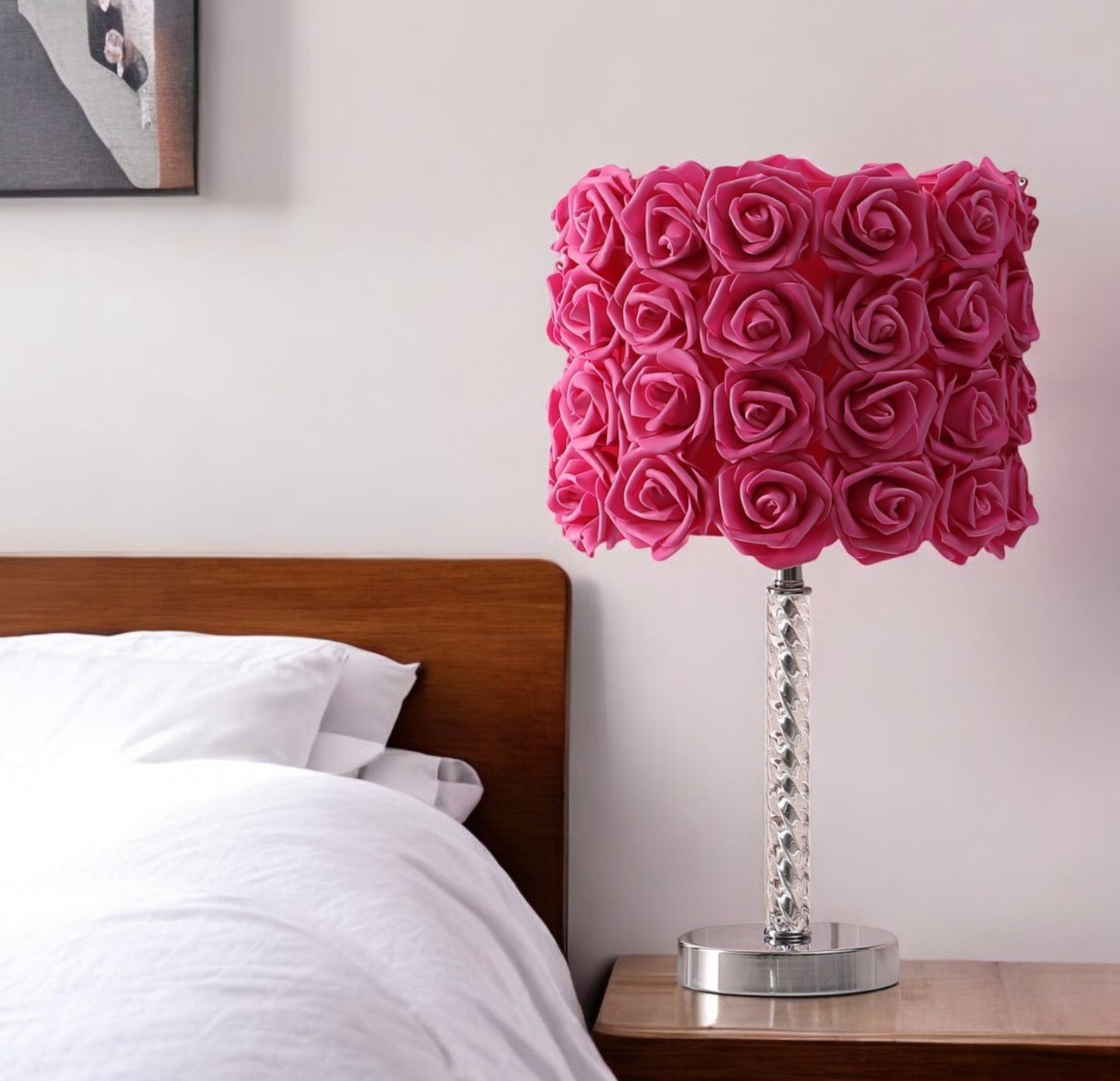 18" Silver Bedside Led Table Lamp With Red Flowers Drum Shade