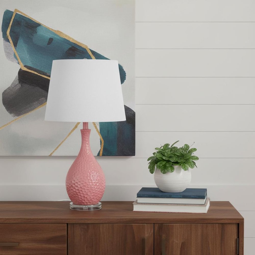 28" Pink Hammered Urn Table Lamp With White Tapered Drum Shade