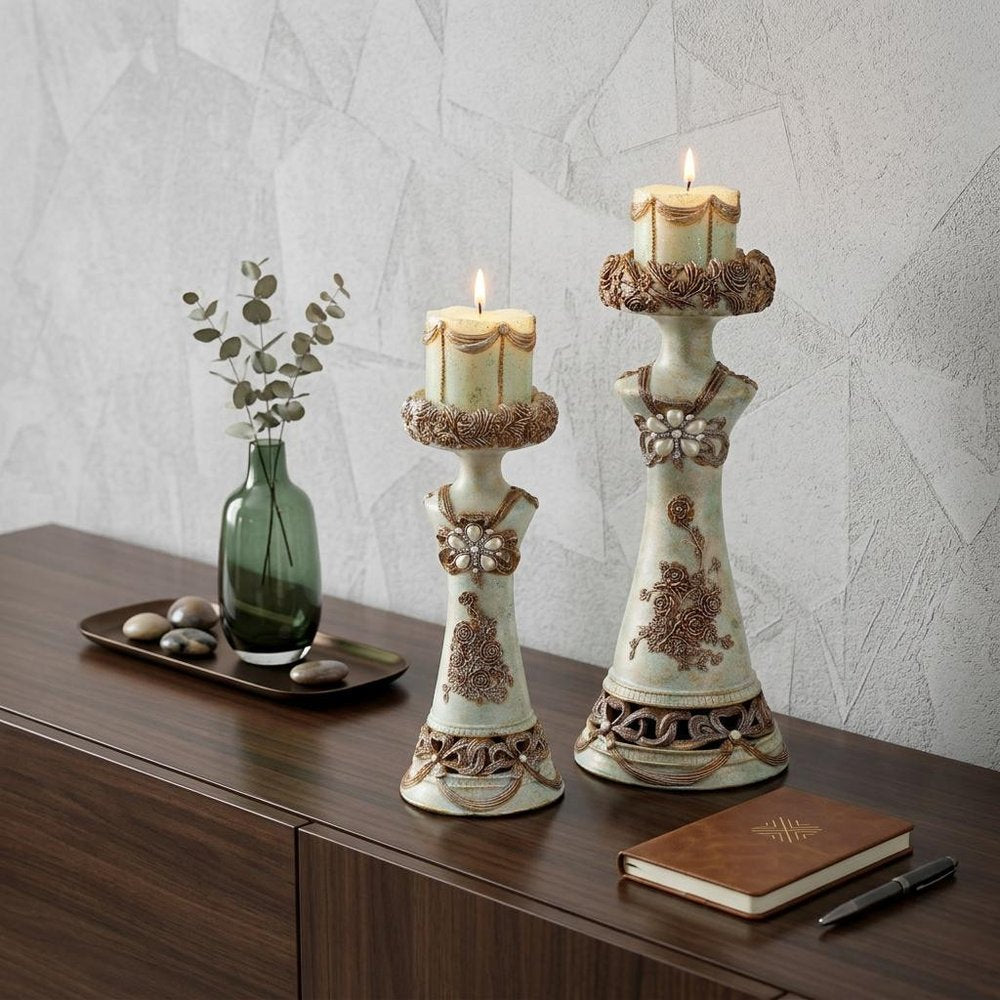 Set of 2 Beige And Brown Vintage Pillar Tabletop Candle Holders