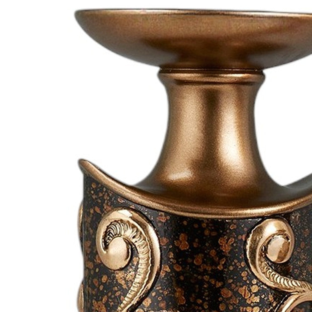 Set of Two Brown and Gold Polyresin Floral Centerpiece Pillar Candle Holders With Candle