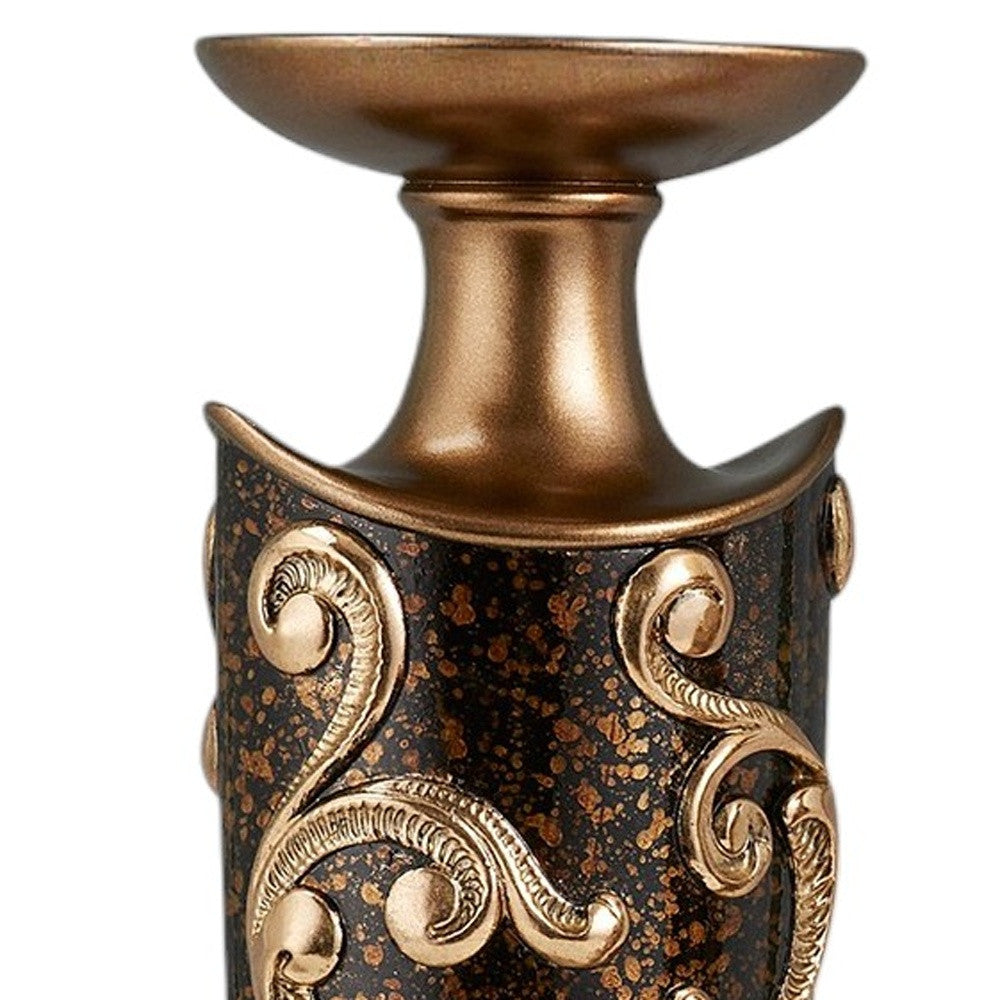 Set of Two Brown and Gold Polyresin Floral Centerpiece Pillar Candle Holders With Candle