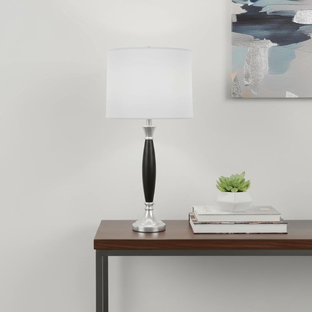 30" Black Solid Wood Bedside Table Lamp With White Shade