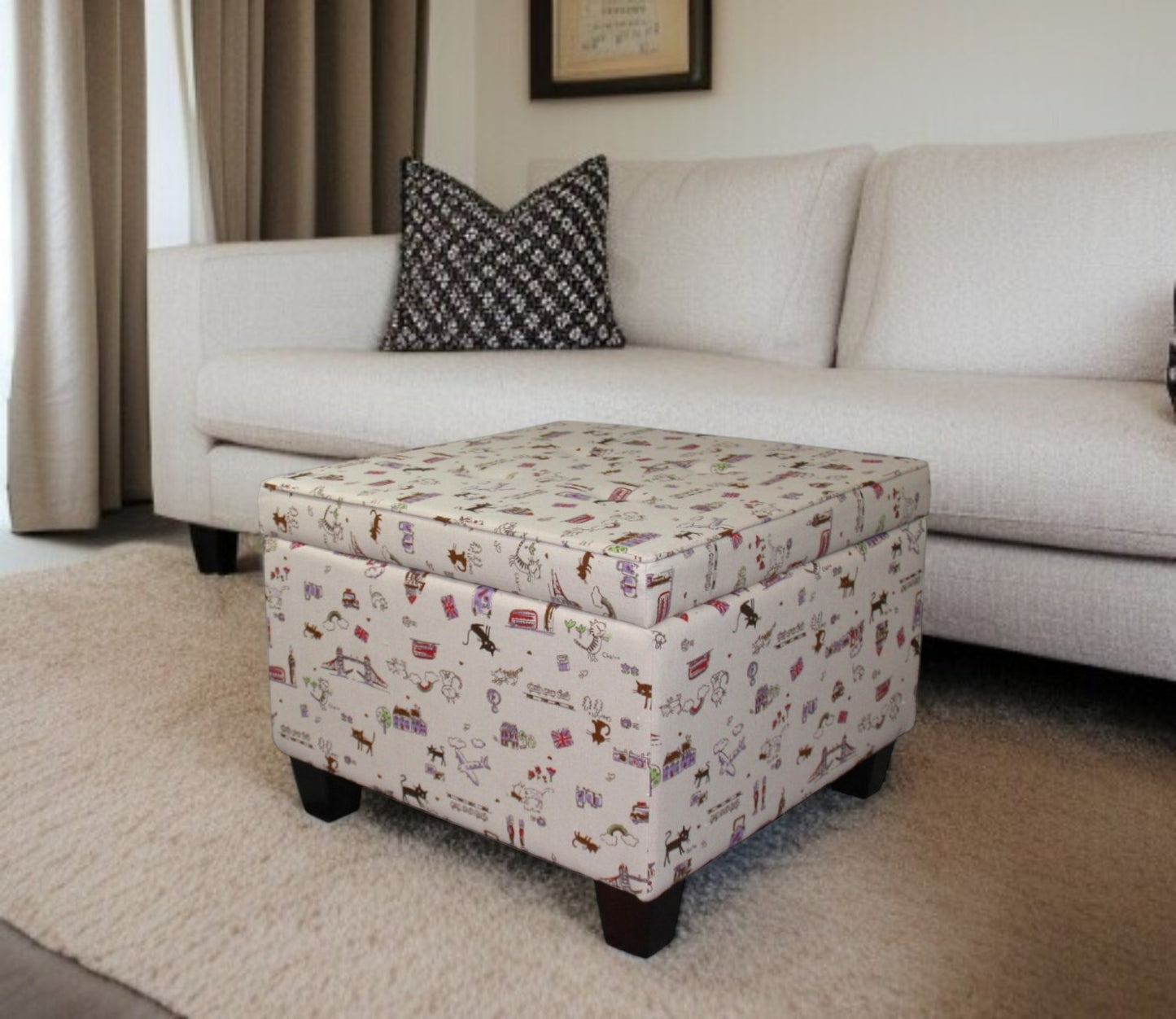 25" Tan Linen and Black Storage Ottoman
