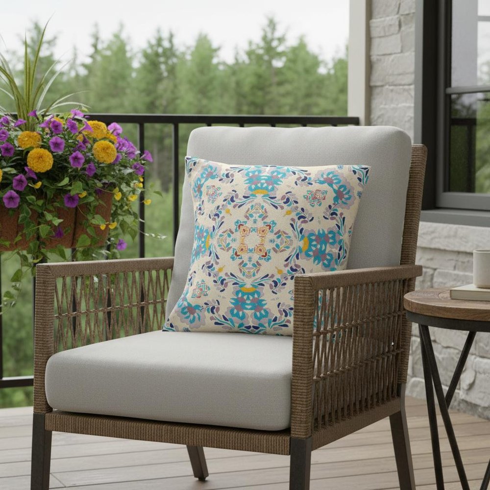 16" X 16" Off White And Blue Broadcloth Floral Throw Pillow