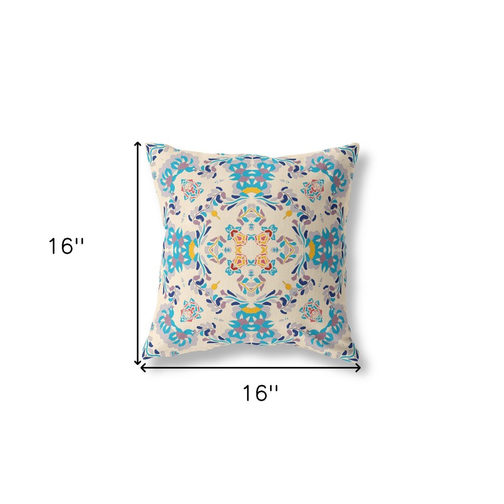 16" X 16" Off White And Blue Broadcloth Floral Throw Pillow