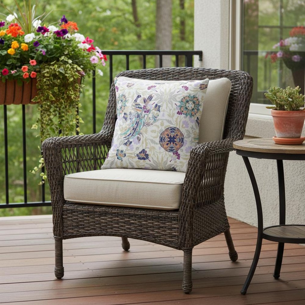 16" X 16" White And Purple Broadcloth Floral Throw Pillow