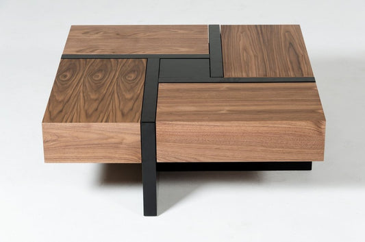 39" Brown and Black Wood Square Solid Coffee Table With Four Drawers