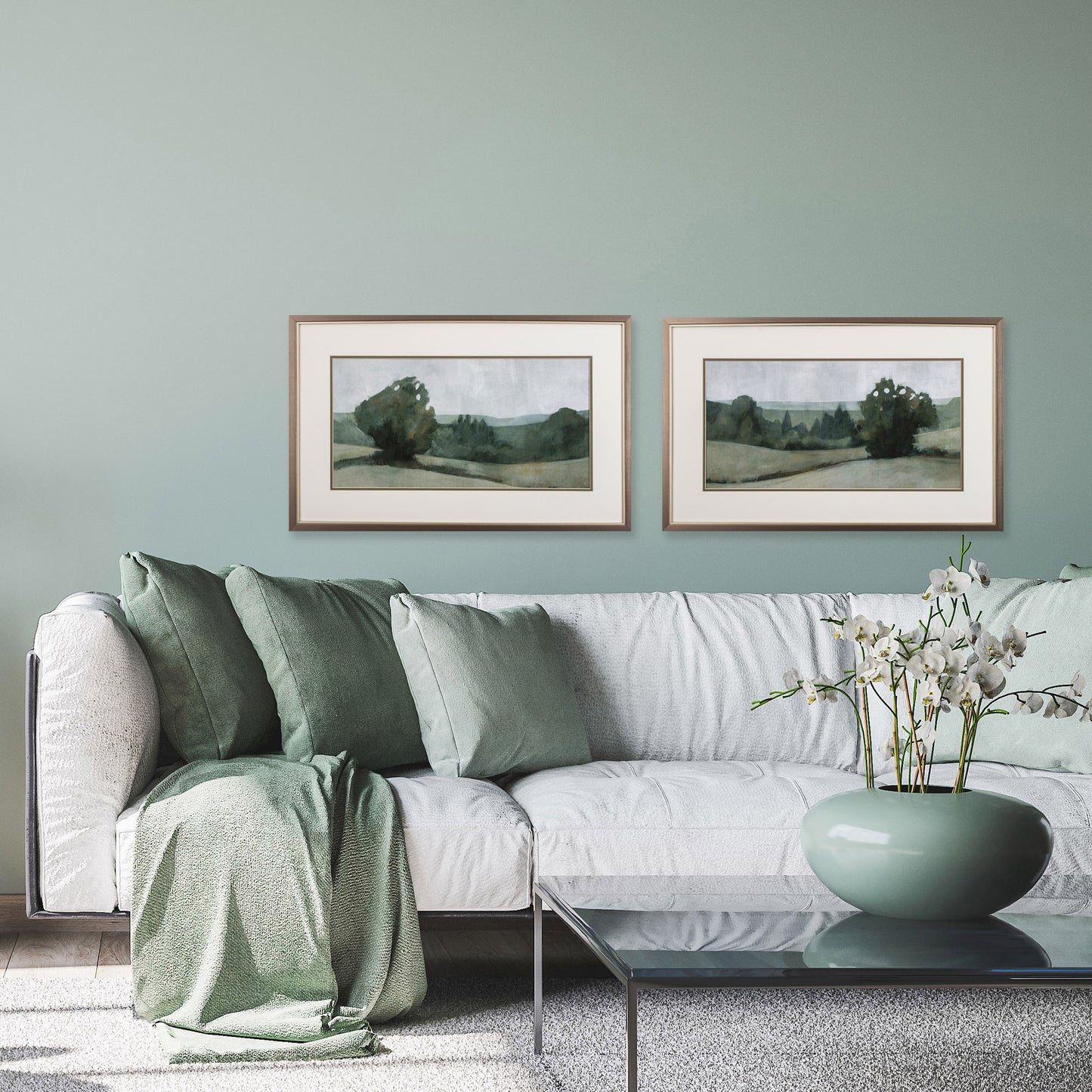 Set of Two Green Trees Framed Art